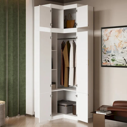 Modular Wardrobe Closet Cabinet with Hanging Space and Drawers, White with Gold Handles, up to 93.9H in