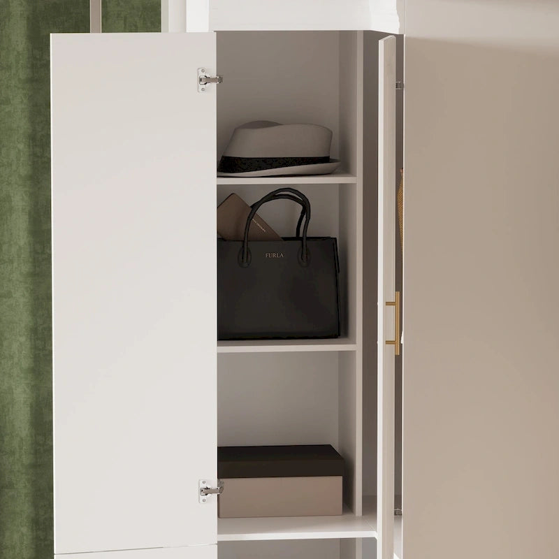 Modular Wardrobe Closet Cabinet with Hanging Space and Drawers, White with Gold Handles, up to 93.9H in