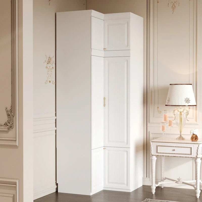 Modular Wardrobe Closet Cabinet with Hanging Space and Drawers, White with Gold Handles, up to 93.9H in