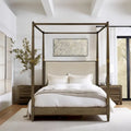 Queen Canopy Bed Frame, Solid Wood Brown Finish, Gold Metal Cuffs, Upholstered Headboard, Slat Foundation