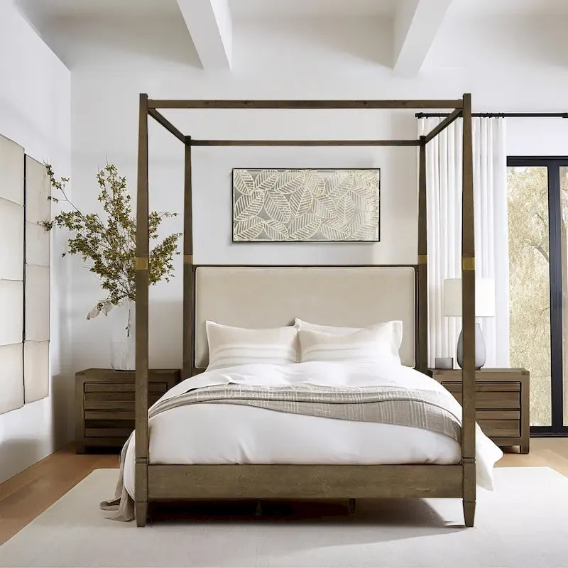 Queen Canopy Bed Frame, Solid Wood Brown Finish, Gold Metal Cuffs, Upholstered Headboard, Slat Foundation