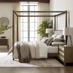 Queen Canopy Bed Frame, Solid Wood Brown Finish, Gold Metal Cuffs, Upholstered Headboard, Slat Foundation