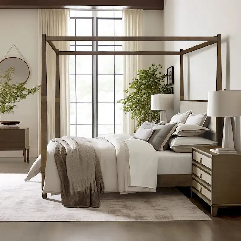 Queen Canopy Bed Frame, Solid Wood Brown Finish, Gold Metal Cuffs, Upholstered Headboard, Slat Foundation