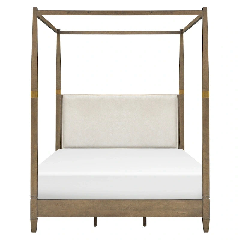 Queen Canopy Bed Frame, Solid Wood Brown Finish, Gold Metal Cuffs, Upholstered Headboard, Slat Foundation