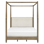 Queen Canopy Bed Frame, Solid Wood Brown Finish, Gold Metal Cuffs, Upholstered Headboard, Slat Foundation