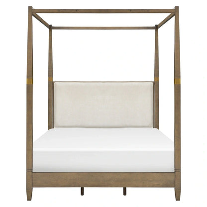Queen Canopy Bed Frame, Solid Wood, Upholstered Headboard, Gold Metal Cuffs, Slat Foundation, 86.75W x 63.25D x 80H in