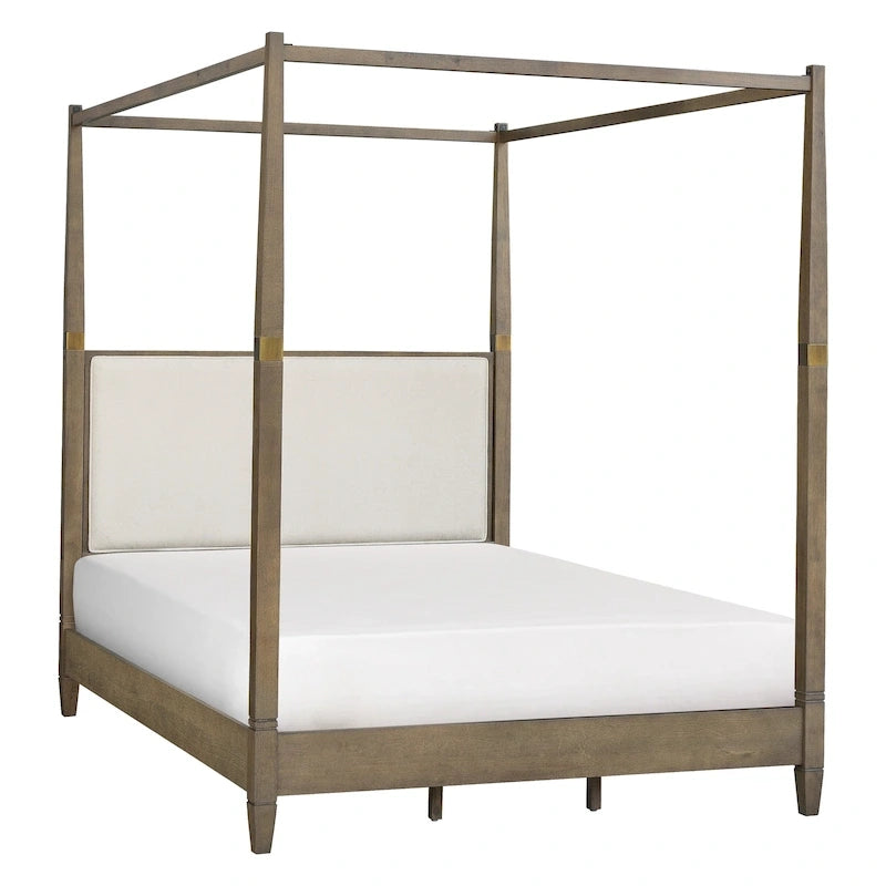 Queen Canopy Bed Frame, Solid Wood Brown Finish, Gold Metal Cuffs, Upholstered Headboard, Slat Foundation