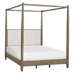 Queen Canopy Bed Frame, Solid Wood Brown Finish, Gold Metal Cuffs, Upholstered Headboard, Slat Foundation