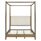 Queen Canopy Bed Frame, Solid Wood Brown Finish, Gold Metal Cuffs, Upholstered Headboard, Slat Foundation