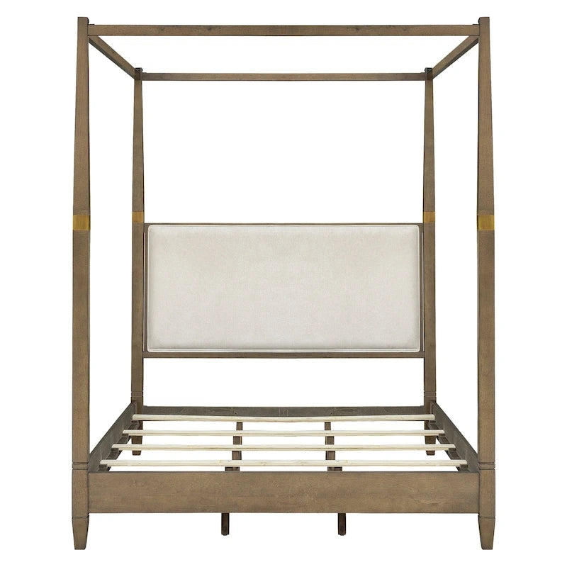 Queen Canopy Bed Frame, Solid Wood Brown Finish, Gold Metal Cuffs, Upholstered Headboard, Slat Foundation