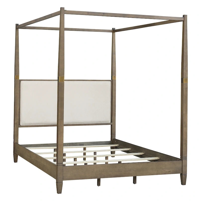 Queen Canopy Bed Frame, Solid Wood Brown Finish, Gold Metal Cuffs, Upholstered Headboard, Slat Foundation