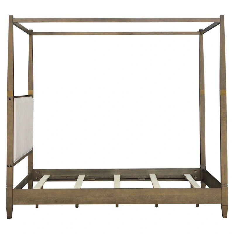Queen Canopy Bed Frame, Solid Wood Brown Finish, Gold Metal Cuffs, Upholstered Headboard, Slat Foundation