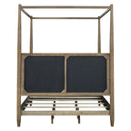 Queen Canopy Bed Frame, Solid Wood Brown Finish, Gold Metal Cuffs, Upholstered Headboard, Slat Foundation