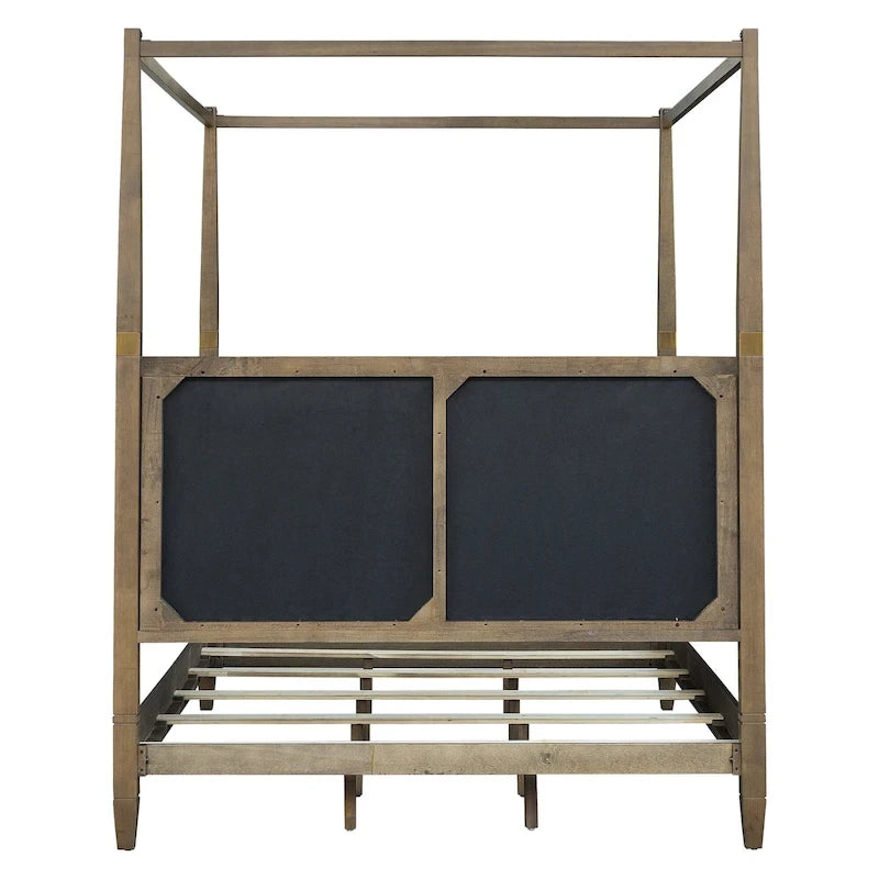 Queen Canopy Bed Frame, Solid Wood Brown Finish, Gold Metal Cuffs, Upholstered Headboard, Slat Foundation