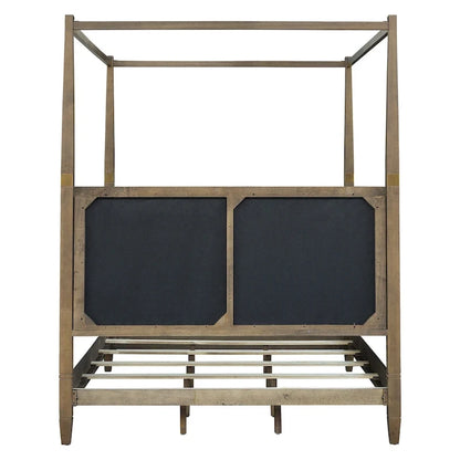 Queen Canopy Bed Frame, Solid Wood, Upholstered Headboard, Gold Metal Cuffs, Slat Foundation, 86.75W x 63.25D x 80H in