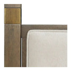 Queen Canopy Bed Frame, Solid Wood Brown Finish, Gold Metal Cuffs, Upholstered Headboard, Slat Foundation