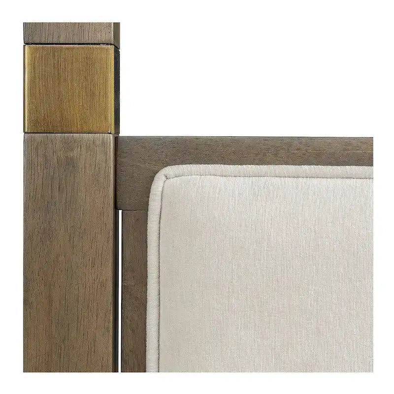 Queen Canopy Bed Frame, Solid Wood Brown Finish, Gold Metal Cuffs, Upholstered Headboard, Slat Foundation
