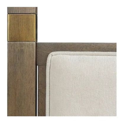 Queen Canopy Bed Frame, Solid Wood, Upholstered Headboard, Gold Metal Cuffs, Slat Foundation, 86.75W x 63.25D x 80H in