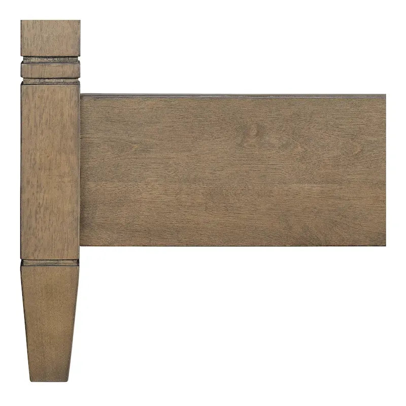 Queen Canopy Bed Frame, Solid Wood Brown Finish, Gold Metal Cuffs, Upholstered Headboard, Slat Foundation