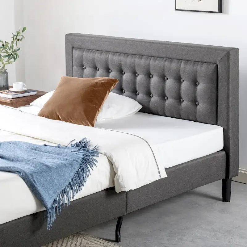 Dark Grey Button-Tufted Upholstered Platform Bed Frame, Cal King, No Box Spring Needed