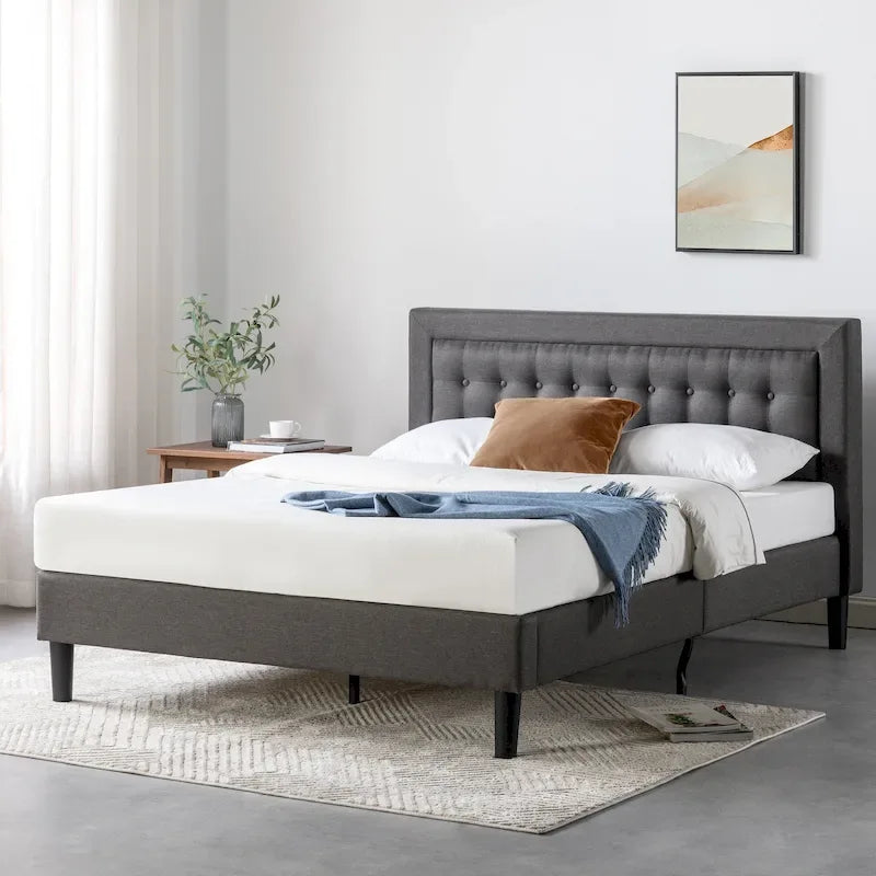 Dark Grey Button-Tufted Upholstered Platform Bed Frame, Cal King, No Box Spring Needed