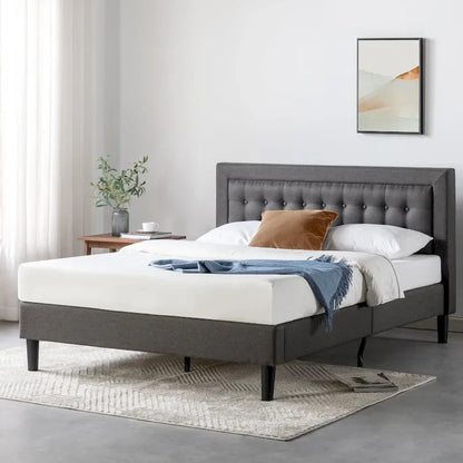 Dark Grey Button-Tufted Platform Bed Frame, Cal King, No Box Spring Needed