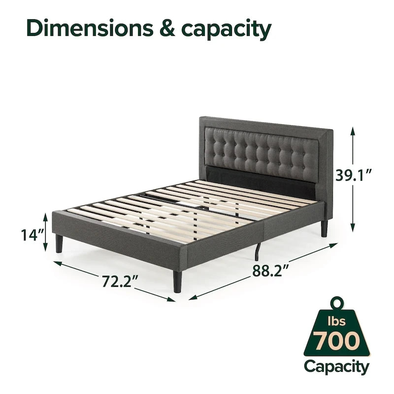 Dark Grey Button-Tufted Upholstered Platform Bed Frame, Cal King, No Box Spring Needed