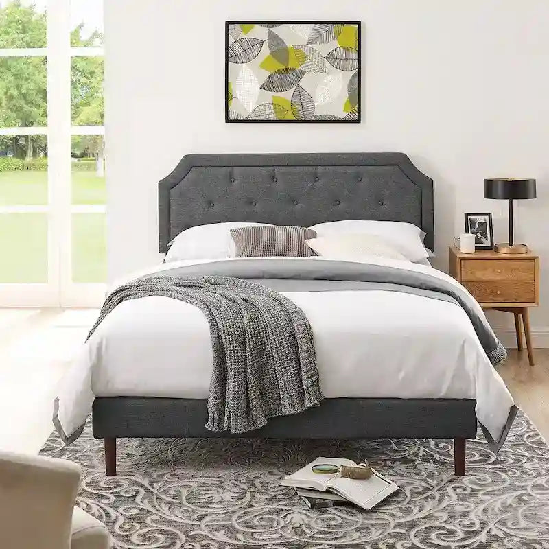 Tufted Upholstered Platform Bed Frame, Adjustable Height Headboard, No Box Spring Needed, Queen/King