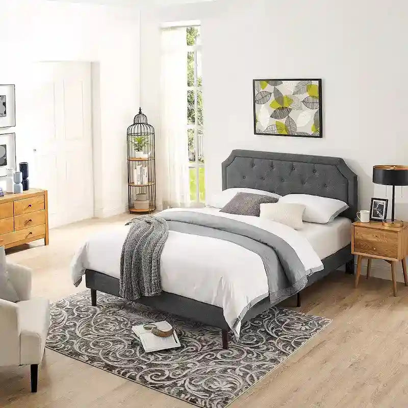 Tufted Upholstered Platform Bed Frame, Adjustable Height Headboard, No Box Spring Needed, Queen/King