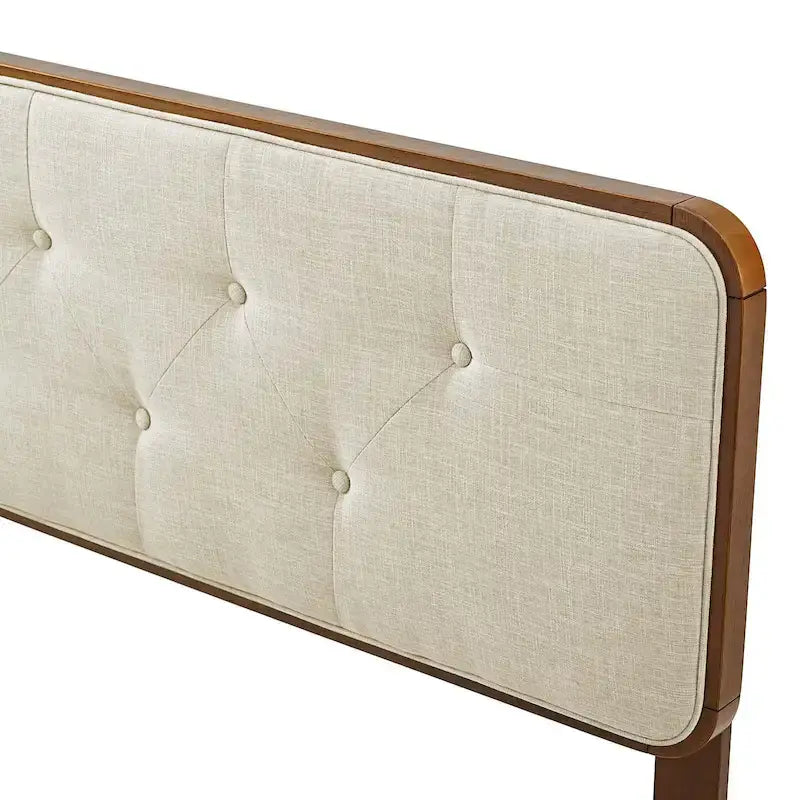 Glendale Traditional Beige Fabric Button Tufted Queen Size Walnut Wooden Headboard