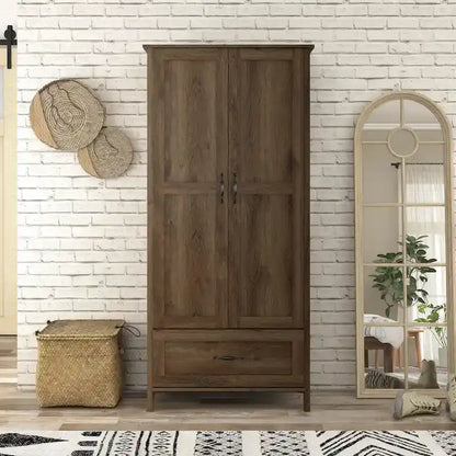 Rustic Distressed Walnut Wardrobe Closet with Double Doors and 1 Drawer, 71H x 33W x 19.5D in