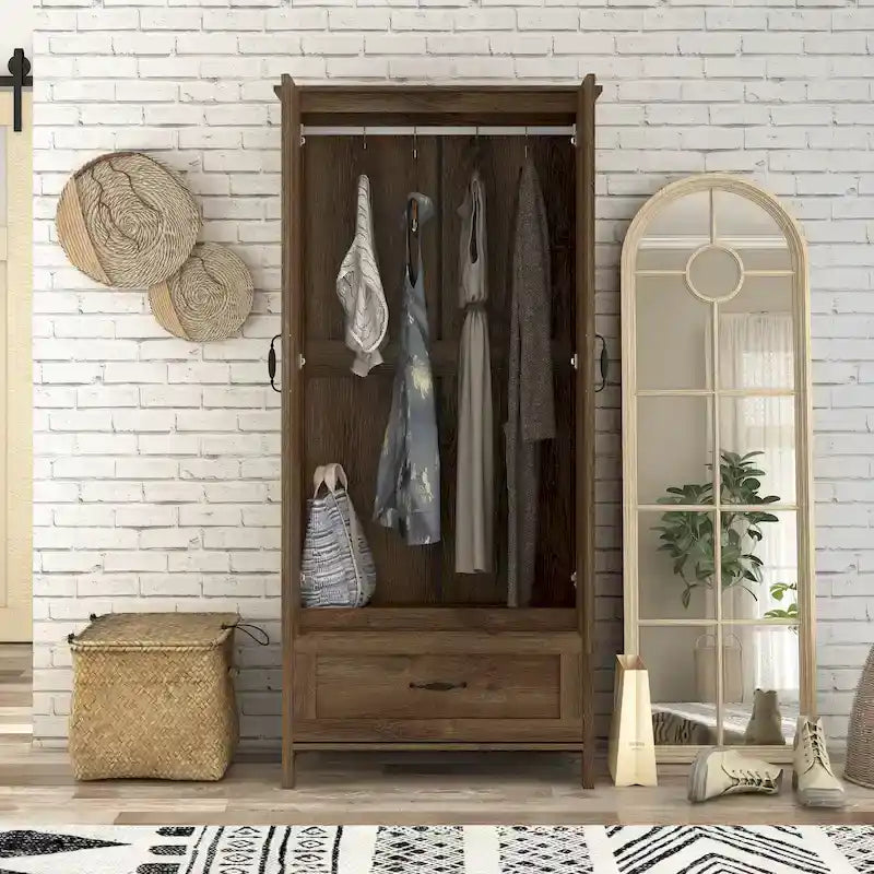 DH BASIC Rustic Distressed Walnut Double-doors Wardrobe Closet with 1-Drawer by Denhour