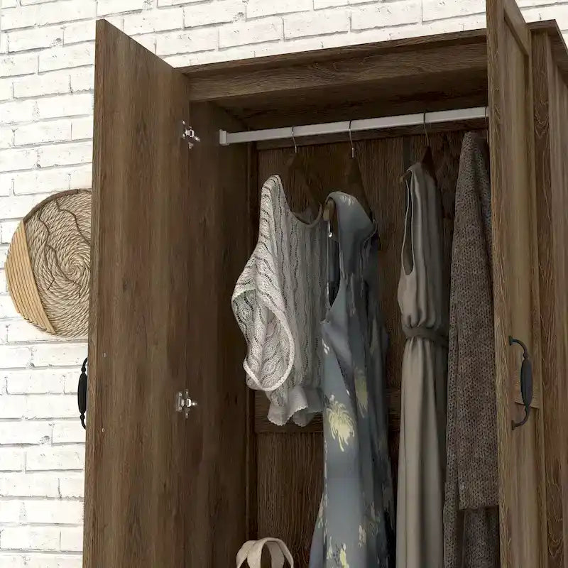 DH BASIC Rustic Distressed Walnut Double-doors Wardrobe Closet with 1-Drawer by Denhour