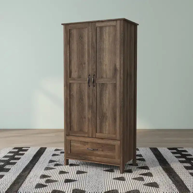 DH BASIC Rustic Distressed Walnut Double-doors Wardrobe Closet with 1-Drawer by Denhour