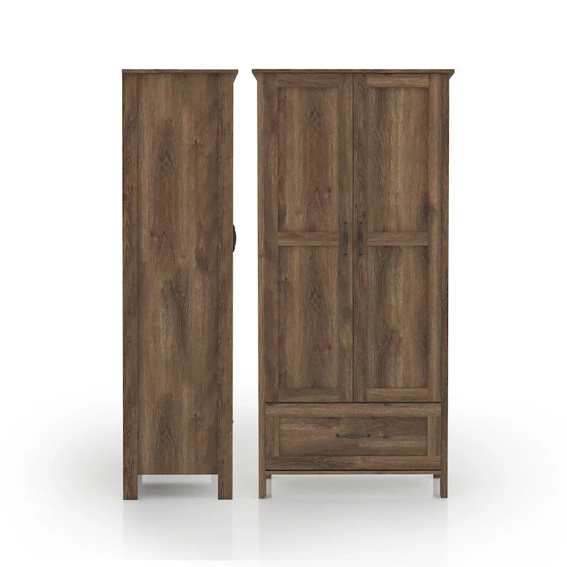 DH BASIC Rustic Distressed Walnut Double-doors Wardrobe Closet with 1-Drawer by Denhour