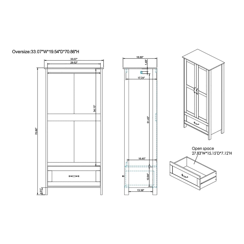 DH BASIC Rustic Distressed Walnut Double-doors Wardrobe Closet with 1-Drawer by Denhour