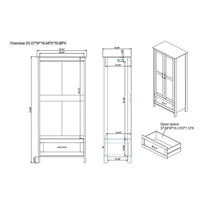 Rustic Distressed Walnut Wardrobe Closet with Double Doors and 1 Drawer, 71H x 33W x 19.5D in