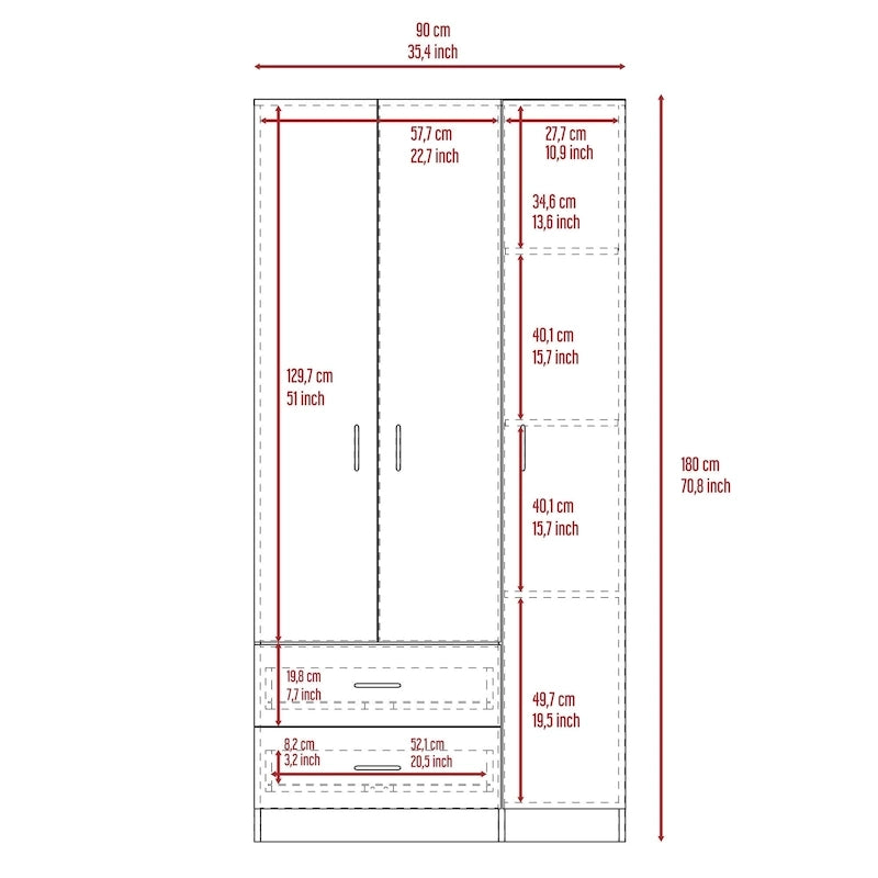 3-Door Armoire with 2 Drawers, 5 Shelves & Hanging Rod, Wardrobe Closet Storage Cabinet