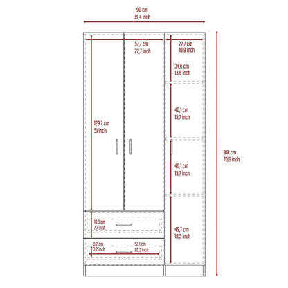 3-Door Wardrobe Armoire with 2 Drawers, 5 Shelves & Hanging Rod, Closet Storage Cabinet