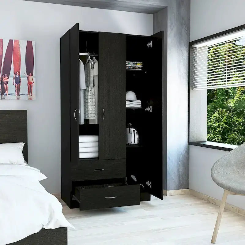 3-Door Armoire with 2 Drawers, 5 Shelves & Hanging Rod, Wardrobe Closet Storage Cabinet
