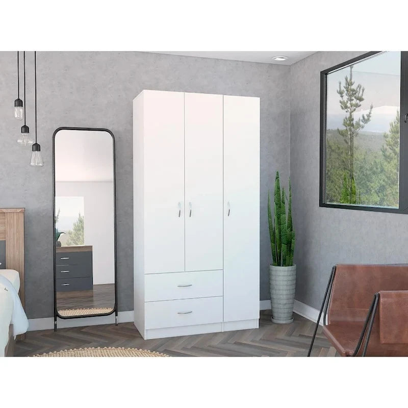 3-Door Armoire with 2 Drawers, 5 Shelves & Hanging Rod, Wardrobe Closet Storage Cabinet
