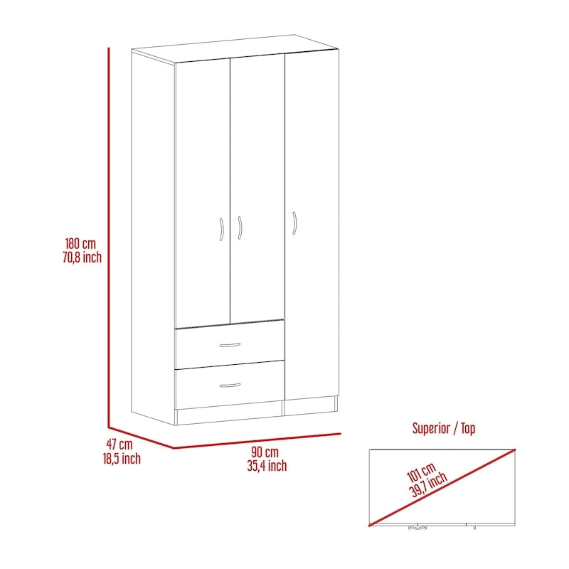 3-Door Armoire with 2 Drawers, 5 Shelves & Hanging Rod, Wardrobe Closet Storage Cabinet