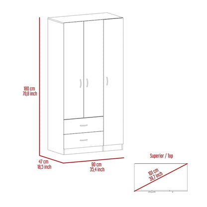 3-Door Wardrobe Armoire with 2 Drawers, 5 Shelves & Hanging Rod, Closet Storage Cabinet