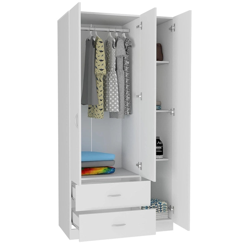 3-Door Armoire with 2 Drawers, 5 Shelves & Hanging Rod, Wardrobe Closet Storage Cabinet