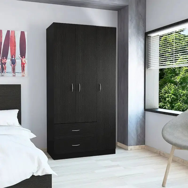 3-Door Armoire with 2 Drawers, 5 Shelves & Hanging Rod, Wardrobe Closet Storage Cabinet