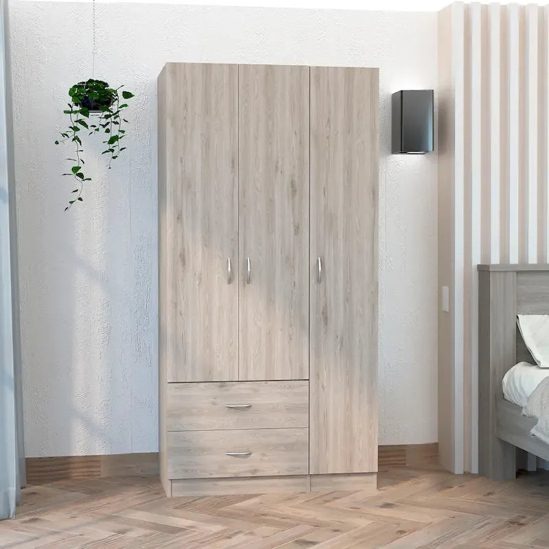 3-Door Armoire with 2 Drawers, 5 Shelves & Hanging Rod, Wardrobe Closet Storage Cabinet