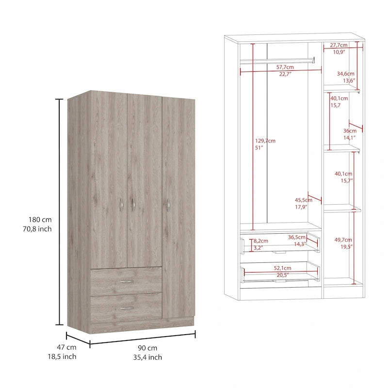 3-Door Armoire with 2 Drawers, 5 Shelves & Hanging Rod, Wardrobe Closet Storage Cabinet