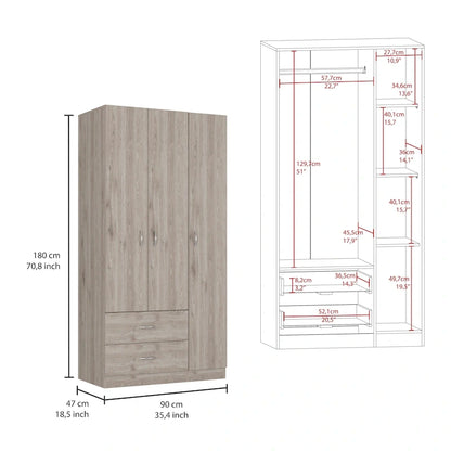3-Door Wardrobe Armoire with 2 Drawers, 5 Shelves & Hanging Rod, Closet Storage Cabinet