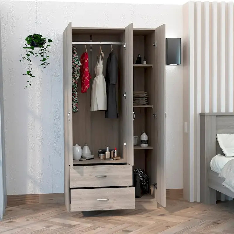 3-Door Armoire with 2 Drawers, 5 Shelves & Hanging Rod, Wardrobe Closet Storage Cabinet