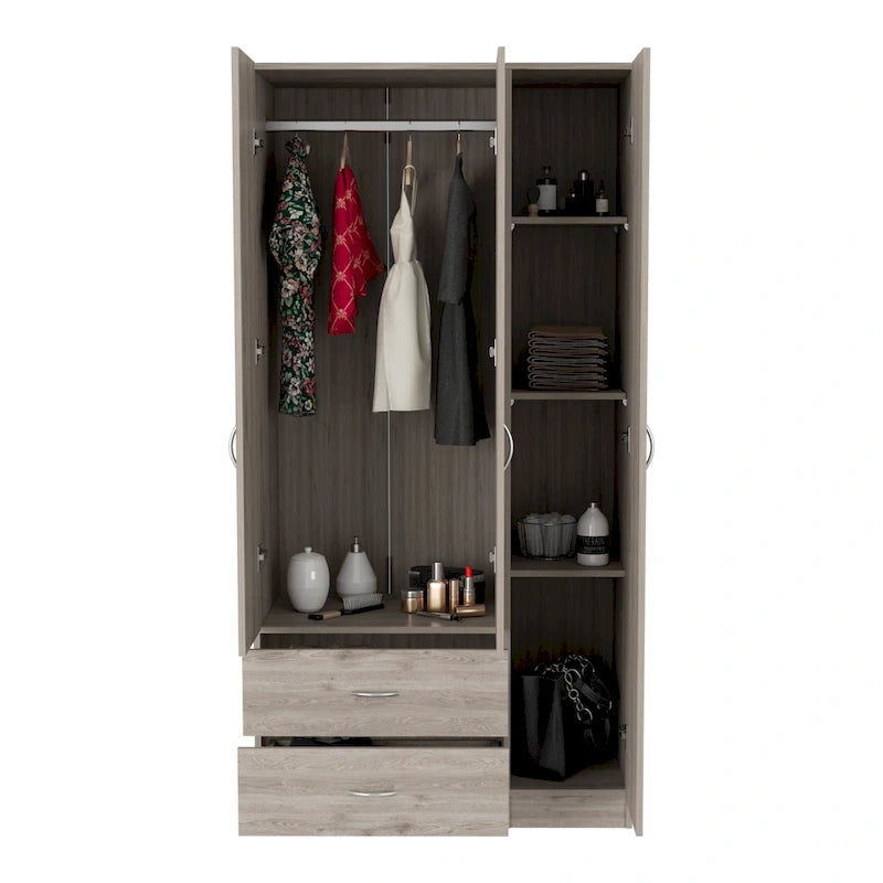 3-Door Armoire with 2 Drawers, 5 Shelves & Hanging Rod, Wardrobe Closet Storage Cabinet